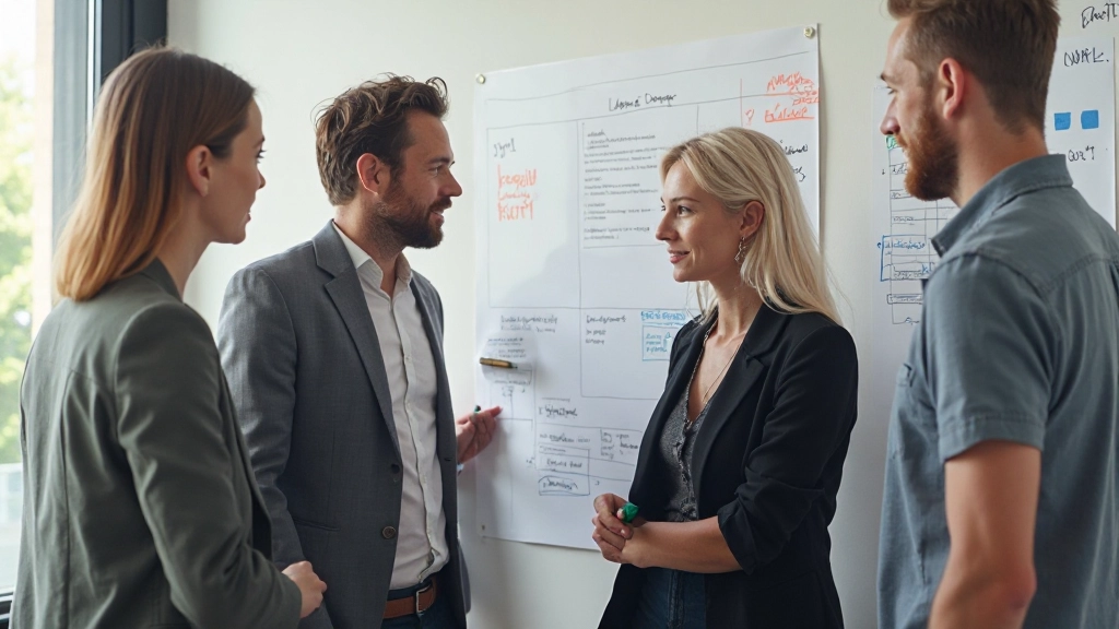 Team van diverse professionals in discussie rond een whiteboard met wireframes en post-its