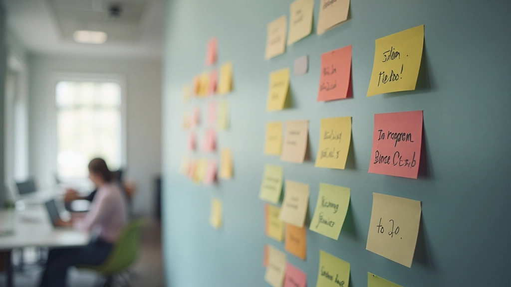 Kanban bord met drie kolommen: To Do, In Progress, Done met kleurrijke stickies