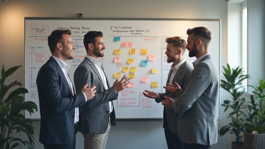 Team in standup meeting rond kanban bord met stickies