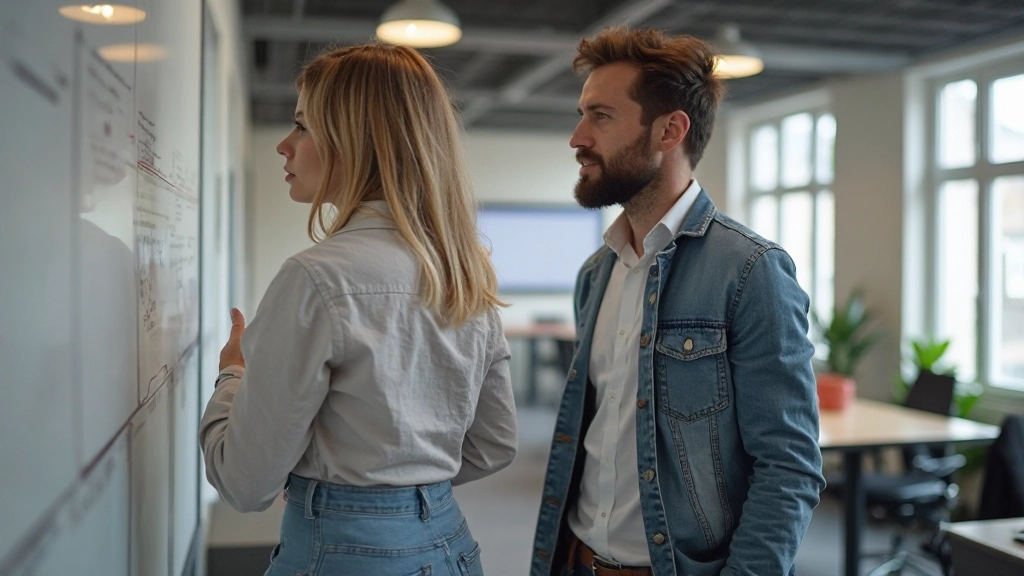 Team staat rond fysiek kanban bord, iedereen kijkt naar kolommen