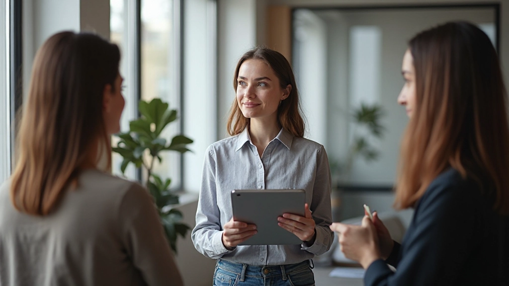 Designer toont ontwerp mockup op tablet aan collega's