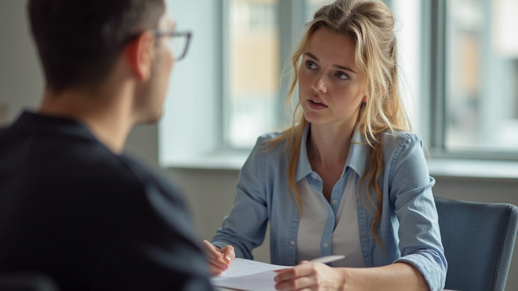 Designer luistert aandachtig naar gebruiker feedback during een testsessie in heldere workspace